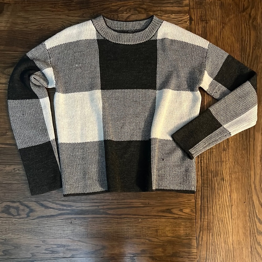 MOTH Anthropologie Black White Gray Check Crew Neck Sweater Sz S fits Medium